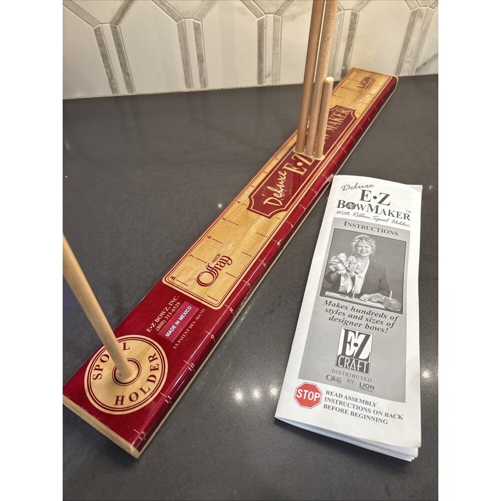 Deluxe EZ Bow Maker Ribbon Spool Holder E-Z Craft Wooden Tool Offray Lion Manual